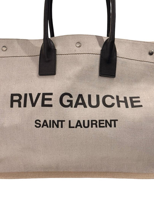 Saint Laurent Off White/Black 'Rive Gauche' Canvas Tote Bag.