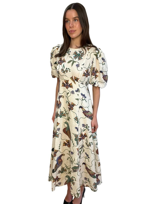 Alemais Neutral / Multi-Colour Birdie Linen Midi Dress. Size: 10