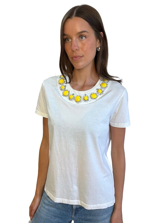 Prada White T-Shirt w/ Embellished Neck. Size: S/M