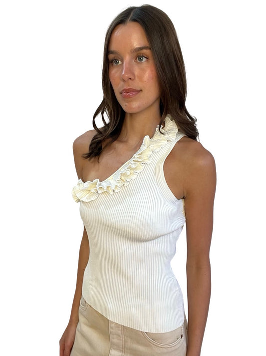 Zimmermann Cream One Shoulder Frill Ribbed Tank. Size: 1