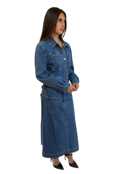 Flannel Blue Denim Dress Long-Sleeve with Pocket Detail. Size: M