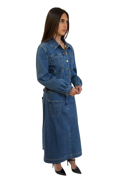 Flannel Blue Denim Dress Long-Sleeve with Pocket Detail. Size: M