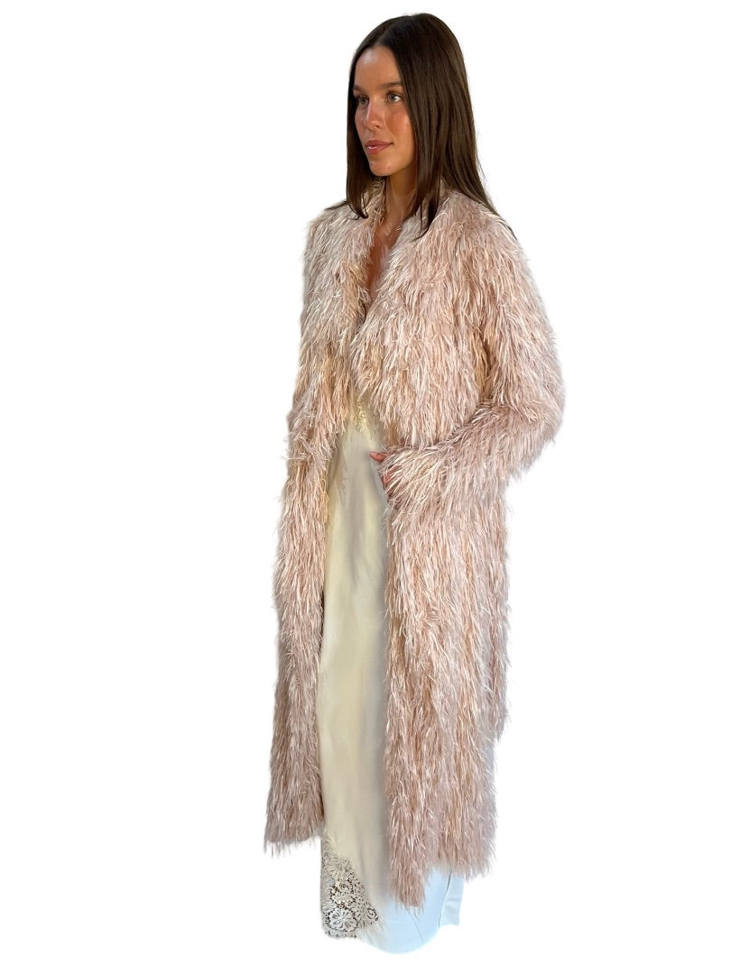 Dries Van Noten Light Pink Rolana Tris Shaggy Long Coat. Size: 38