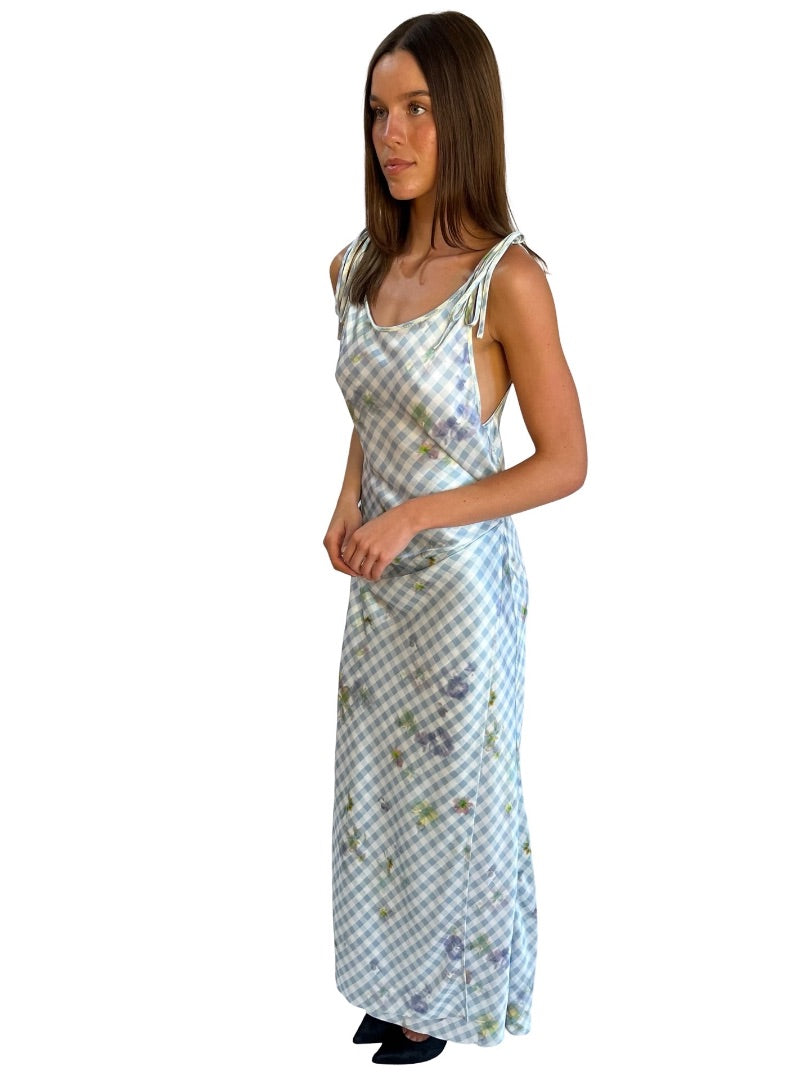 Acne Studios Blue / Multi-Colour Gingham & Floral Print Strap Dress. Size: 40