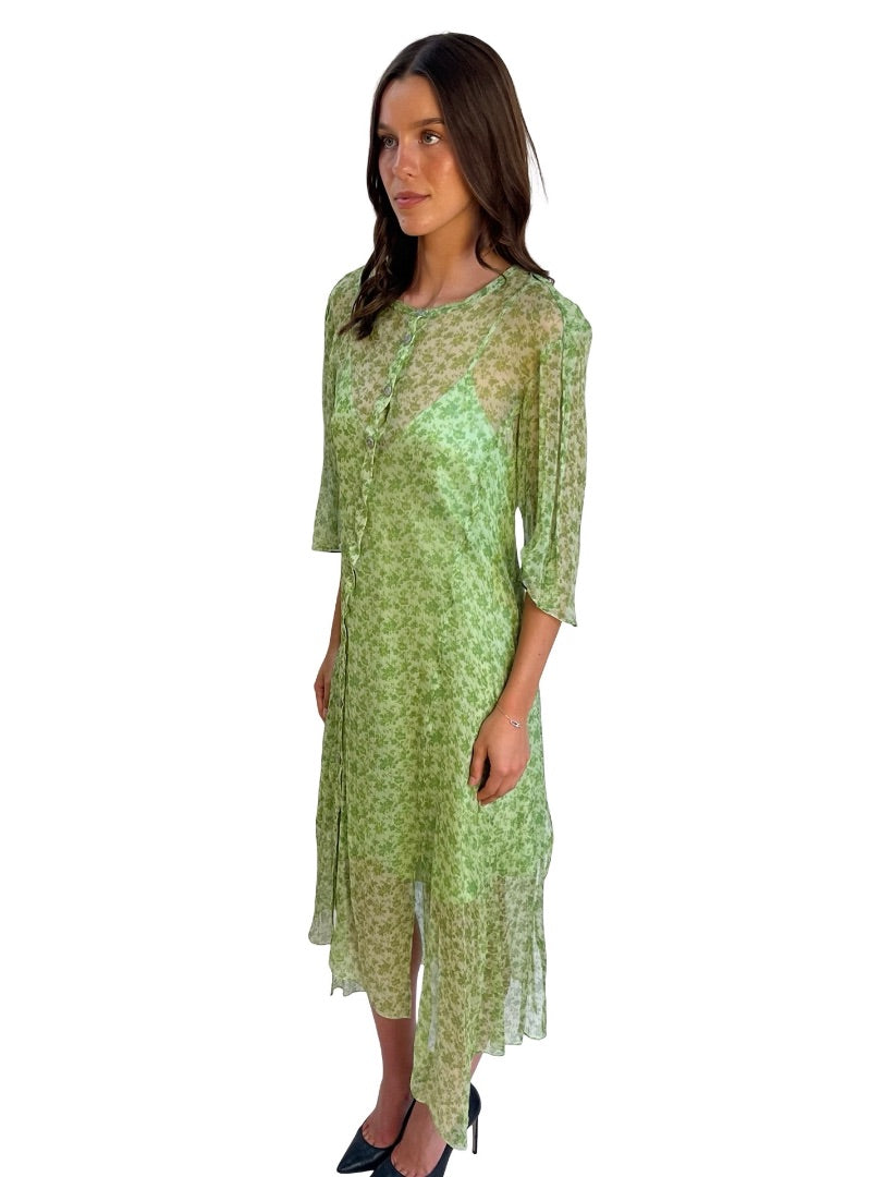 Acne Studios Green Short Sleeve Sheer Print Dress. Size: 38
