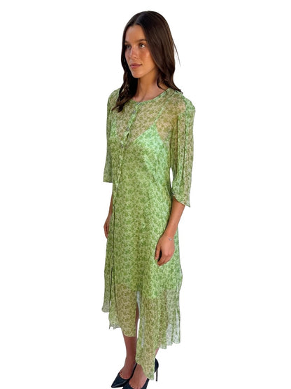 Acne Studios Green Short Sleeve Sheer Print Dress. Size: 38