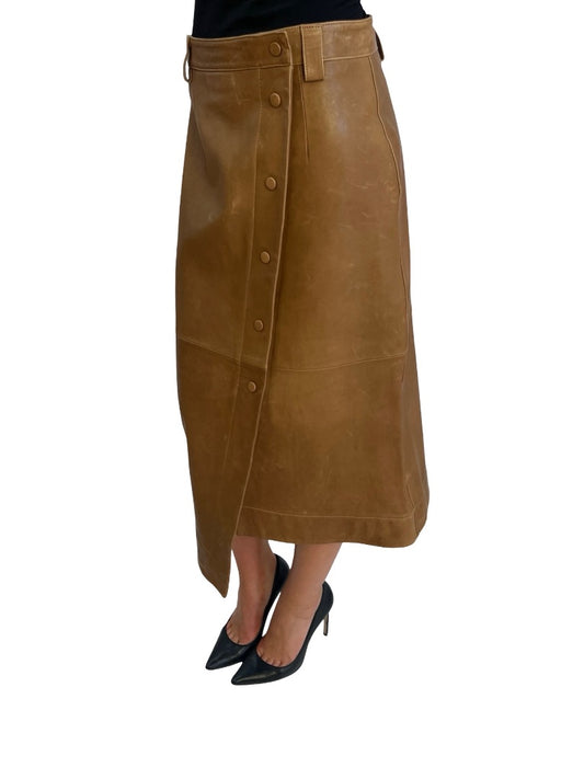 Ena Pelly Camel Leather Buttoned Skirt. Size: 12
