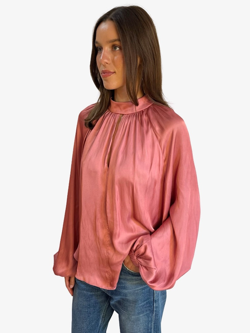 Luxe Deluxe Pink Satin Longsleeve Blouse. Size:  10