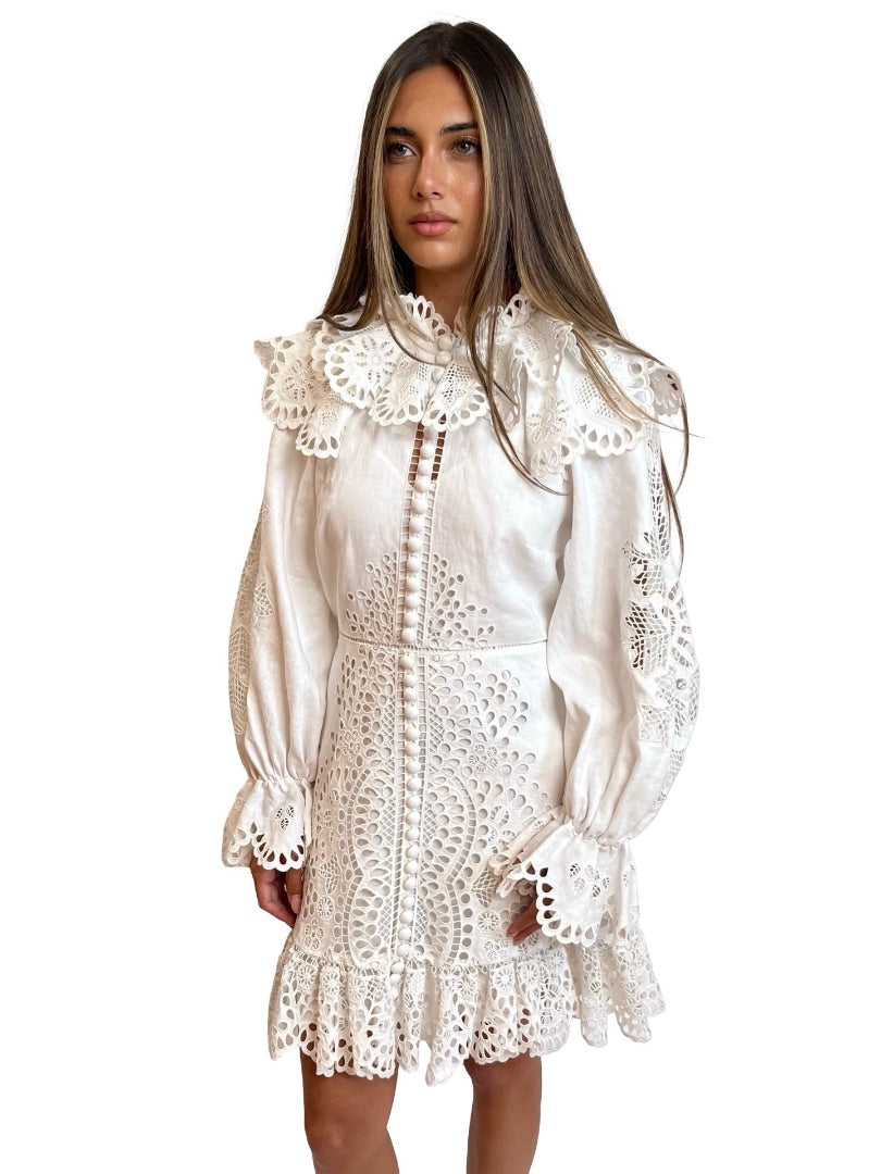 Zimmermann White Embroidered Cut Out Long Sleeve Mini Dress. Size: 1