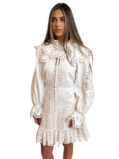 Zimmermann White Embroidered Cut Out Long Sleeve Mini Dress. Size: 1