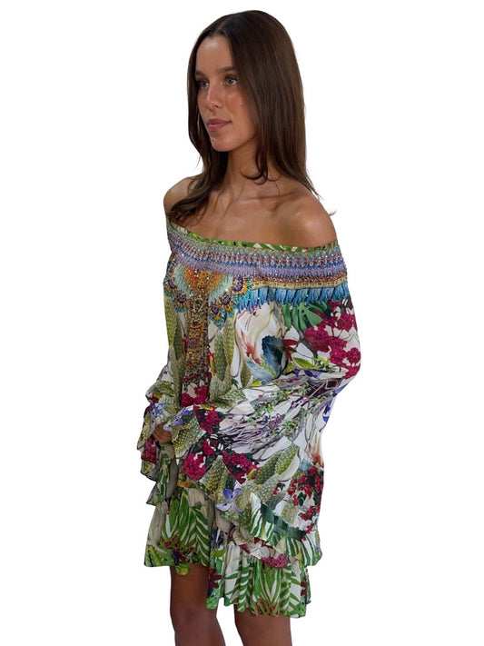 Camilla Green/Multi Floral Jewelled Mini Dress. Size: XS