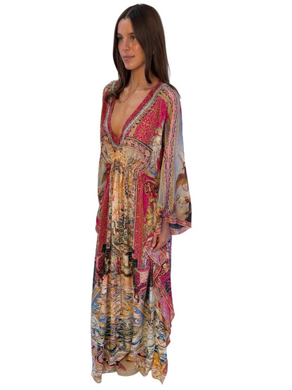 Camilla Pink 'Lounge Hour' V Neck Silk Kaftan W Waist Tie. Size: L/XL