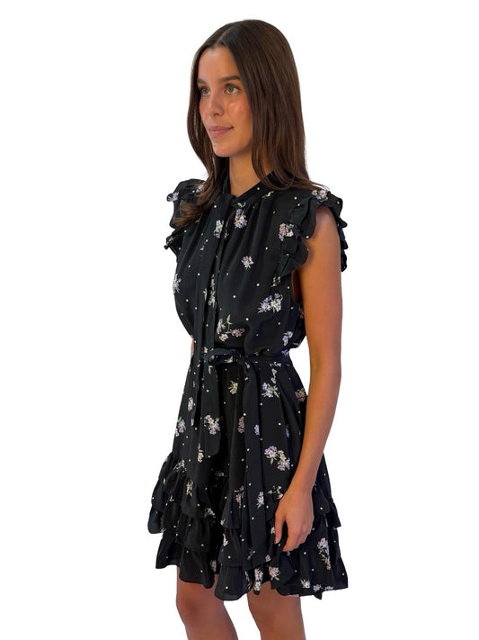 Zimmermann Black/Purple Floral Sleeveless Ruffle Belted Silk Dress. Size: 3