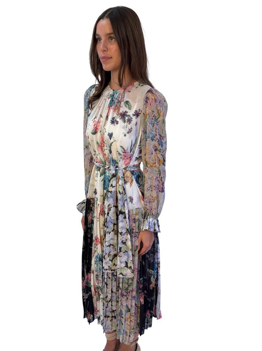 Zimmermann Purple/Multi Floral Pleated Dress W Slip and Belt Tie. Size: 1
