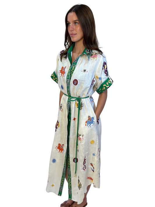 Alemais Neutral / Multi-Colour Seeker Embroidered Linen Shirt Dress. Size: 8