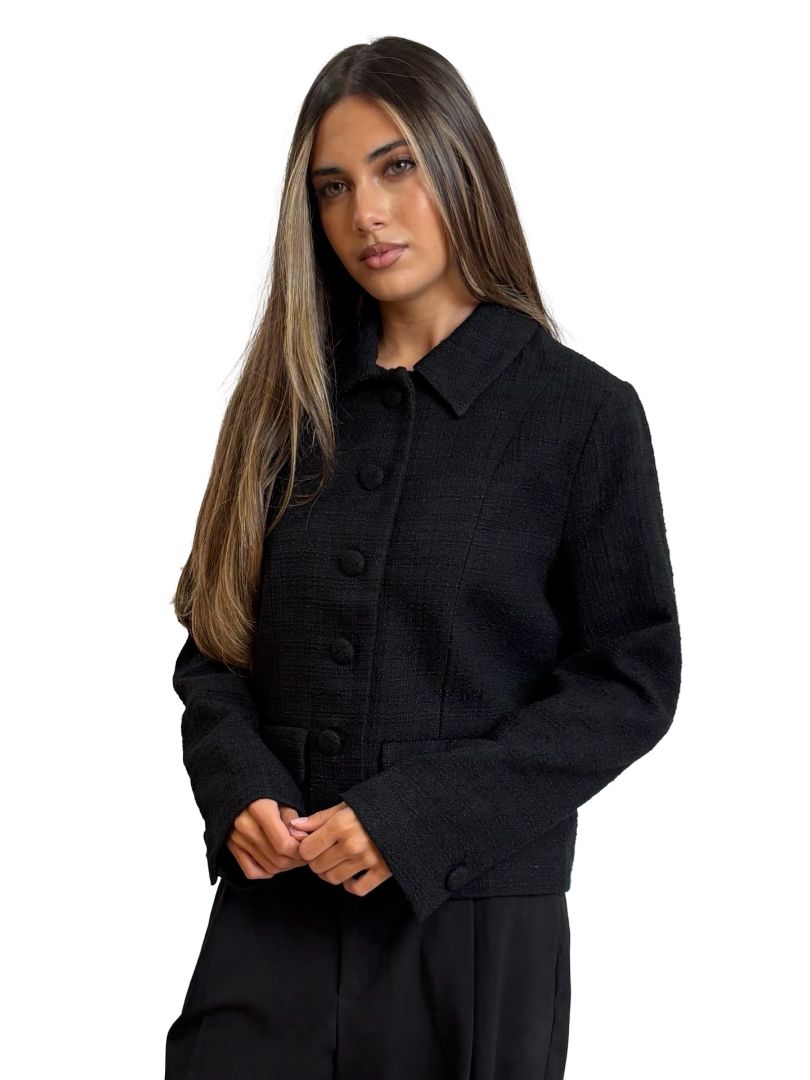 Second Female Black Textured Buttoned Short Jacket. Size: S