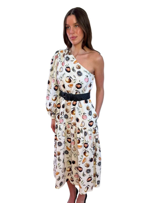 Rebecca Vallance Cream One Shoulder Printed Dress. Size: 10