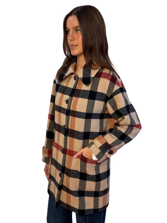 Husk Beige/Red Checkered Wool/Cashmere Coat. Size: XS