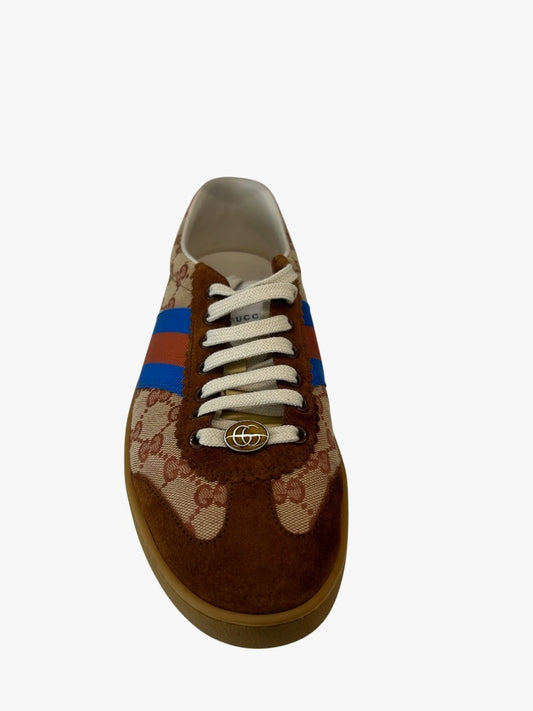 Gucci Brown/Beige G74 GG Canvas & Suede Web Low Sneakers. Size: 10.5