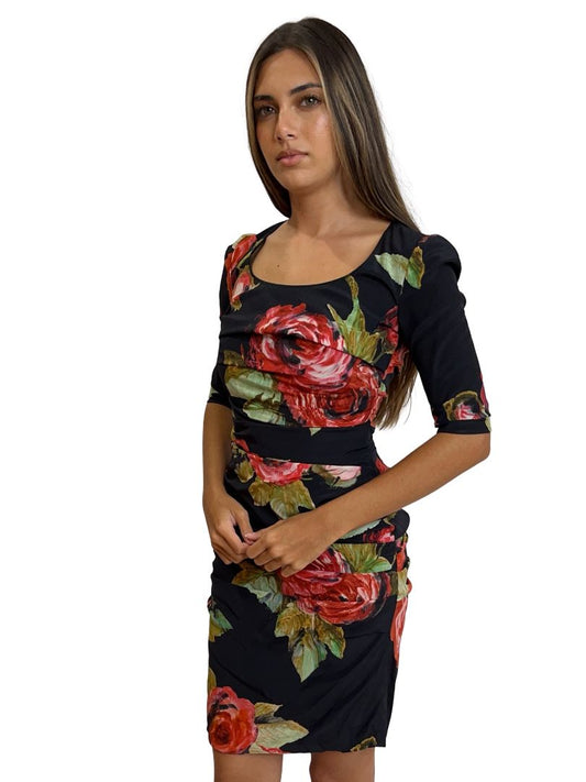 Dolce & Gabbana Black/Red Scoop Neck Floral Silk Dress. Size: 38