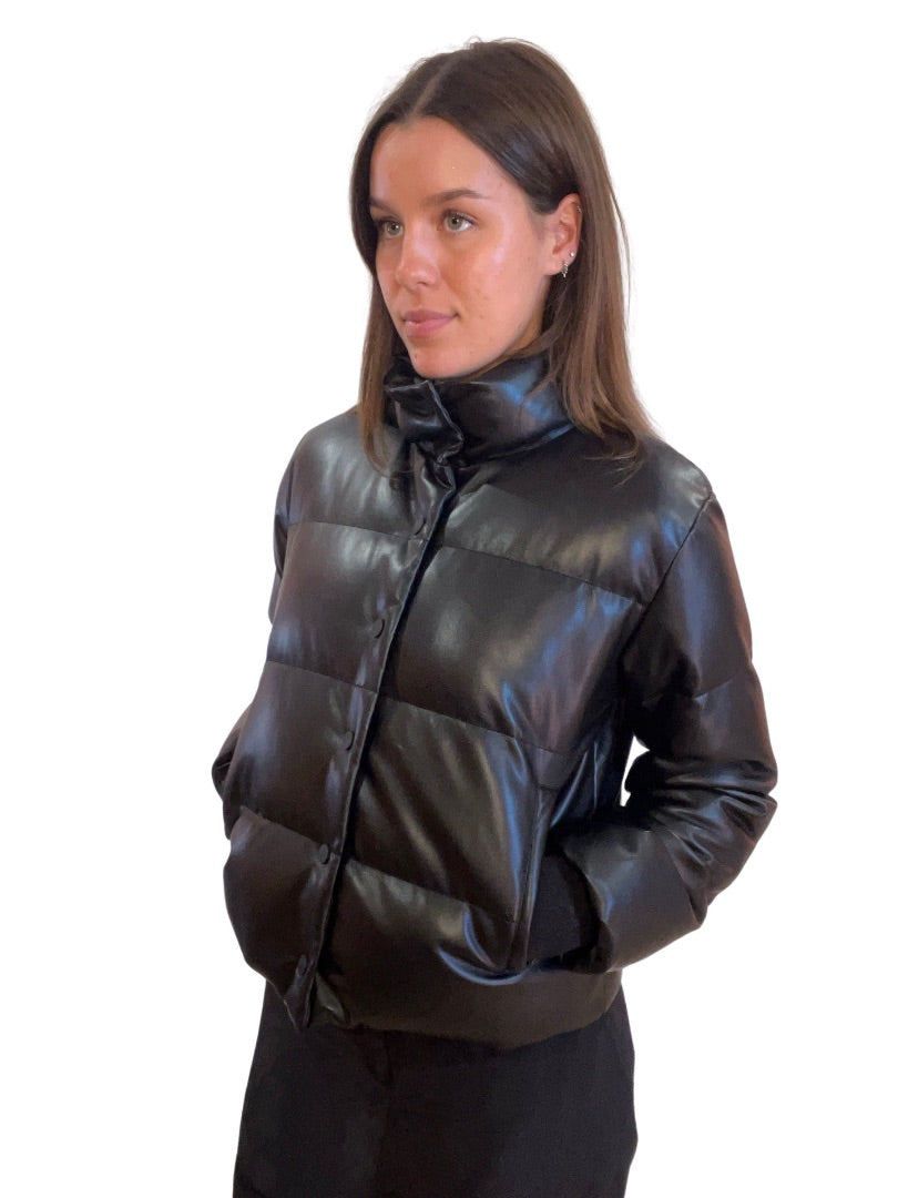 Husk Black Faux Leather Puffer Jacket. Size: S