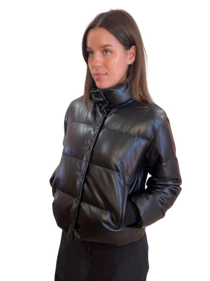 Husk Black Faux Leather Puffer Jacket. Size: S