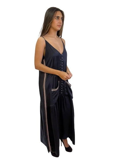 Flannel Navy Silk Sleeveless Drop Waist Dress. Size: 1