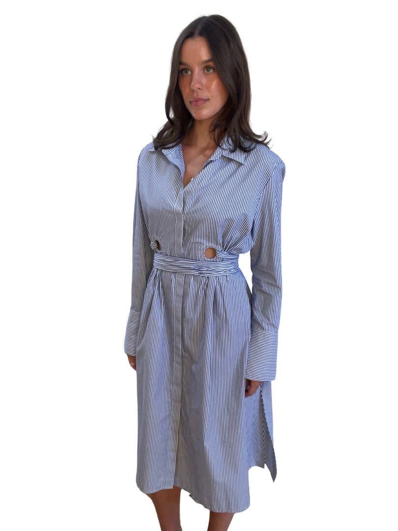 Scanlan Theodore Blue Pinstripe Button-Up Dress w/ Attached Belt. Size: 12