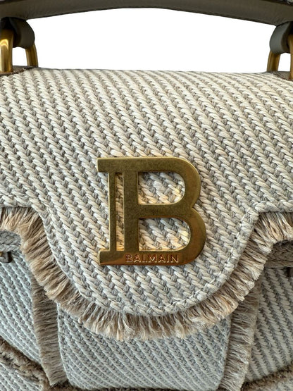 Balmain Beige / Cream B-Buzz 22 Raffia Effect Top Handle Bag.