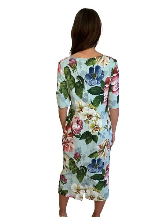 Dolce & Gabbana Aqua Floral Scoop Neck Dress. Size: 48