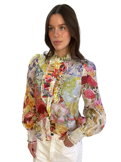 Zimmermann Spiced Multi Foral 'Wonderland Tuxedo Blouse'. Size: 1