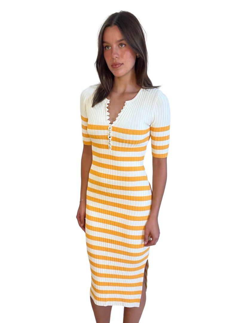 Altuzarra Cream & Orange Ribbed Button Down Midi Dress. Size: XS