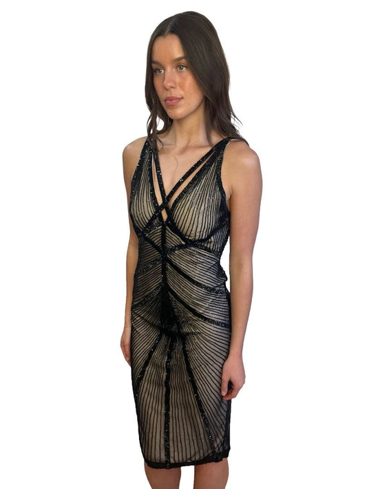 Rachel Gilbert Black Glitter Nude Effect Dress. Size: 10