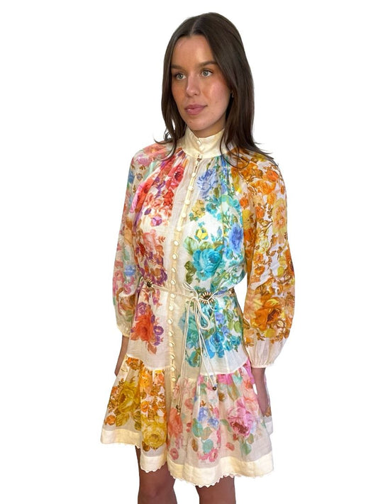 Zimmermann Multi-Colour Long Sleeve Mini Dress w/ Belt. Size: 1