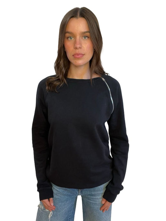 Saint Laurent Black Crewneck w/ Asymmetrical Zip Detail. Size: XL