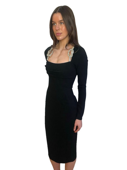 Rachel Gilbert Black Square Neck Dress w/ Embellished Knot. Size: 1