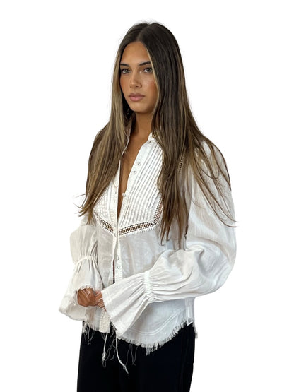 Aje White Fringed Hem Linen Shirt. Size: 6