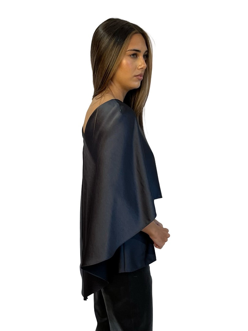 Carla Zampatti Charcoal Satin Cape Top. Size: 6