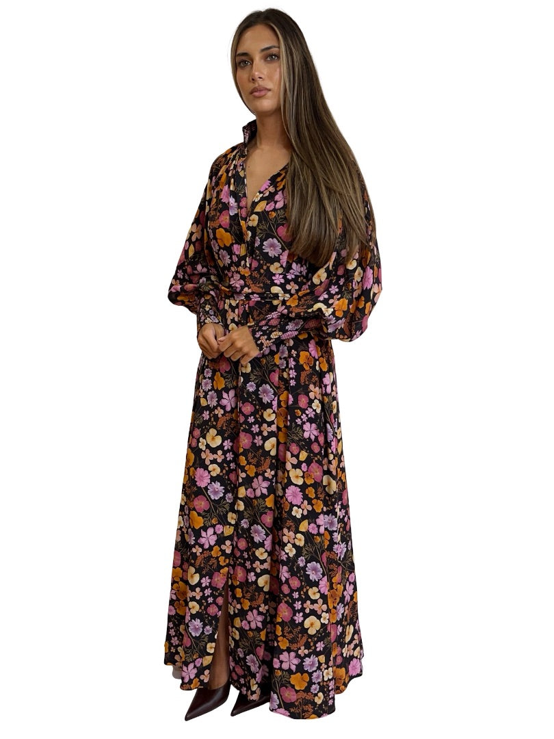 Husk Black / Multi-Colour Silk Floral Print Maxi Dress. Size: S-M