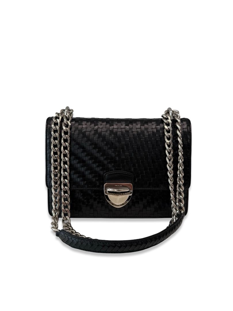 Prada Black Woven Leather 'Madras' Chain Bag.