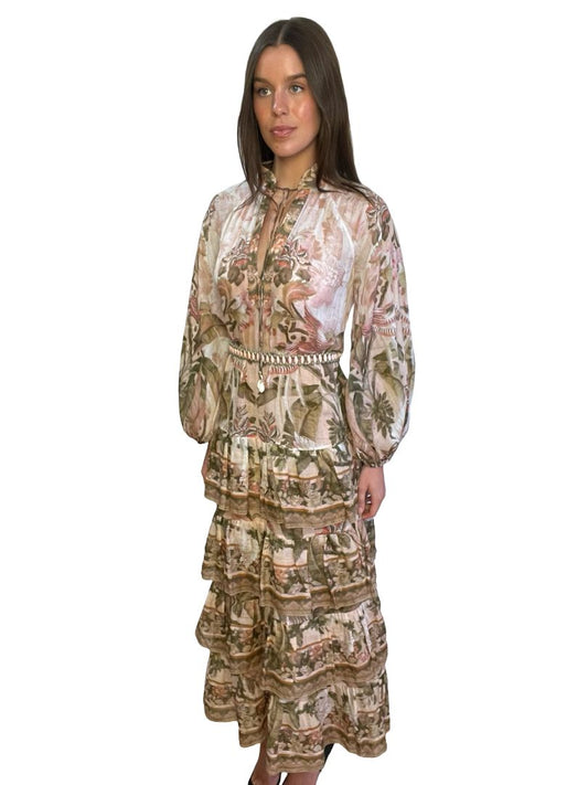 Zimmermann Pink / Multi-Colour Lyre Palm Print Tiered Maxi Dress. Size: 1