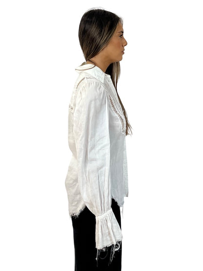 Aje White Fringed Hem Linen Shirt. Size: 6