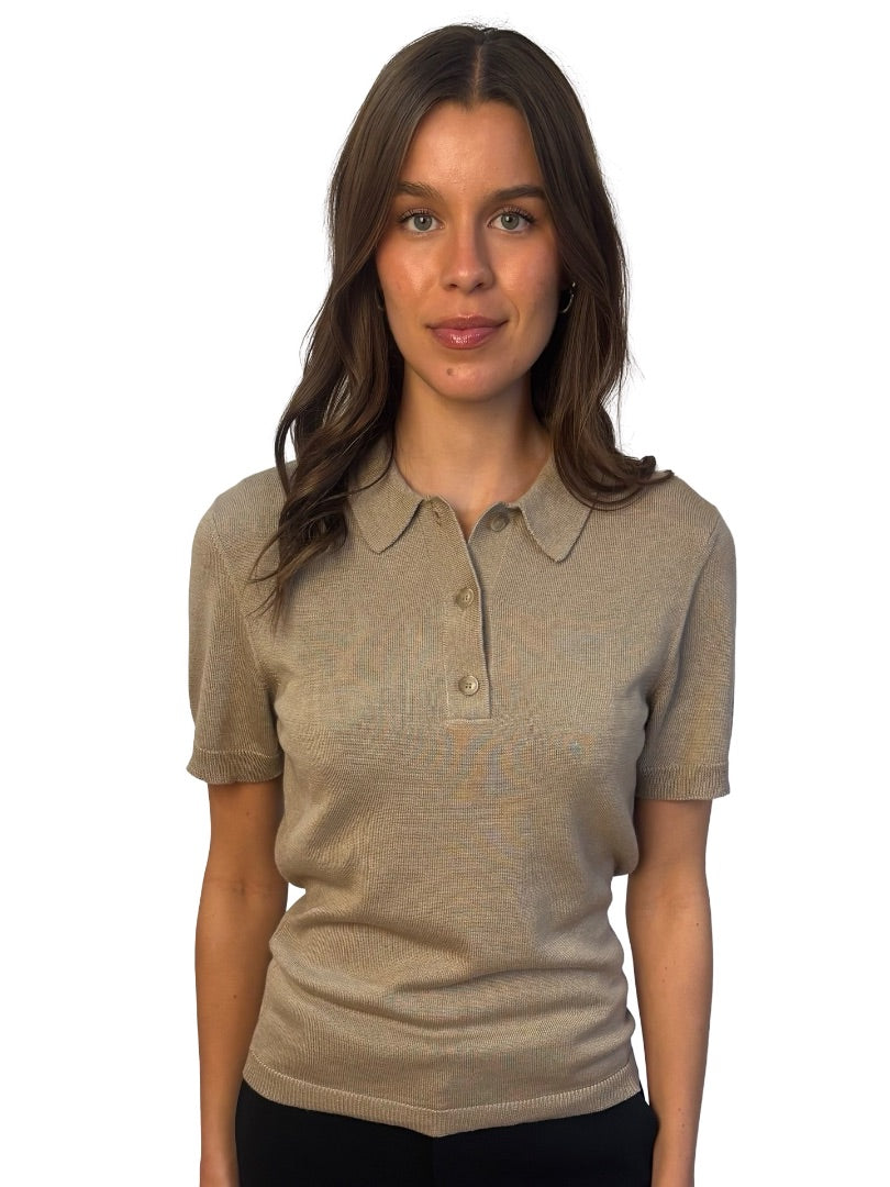 Brandon Maxwell Brown Cashmere / Silk Blend Knit Polo. Size: M