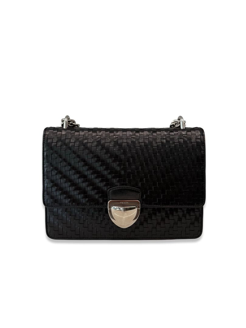 Prada Black Woven Leather 'Madras' Chain Bag.
