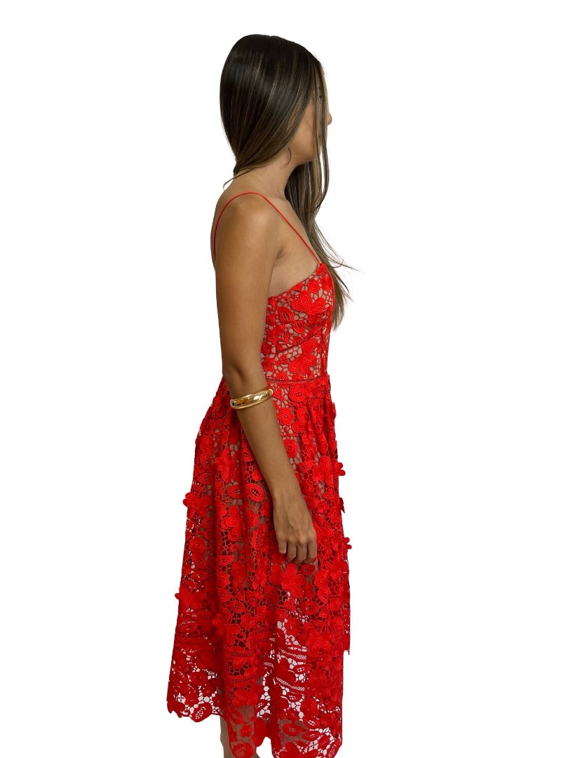 Self Portrait Red Embroidered Floral Applique Dress. Size: 8