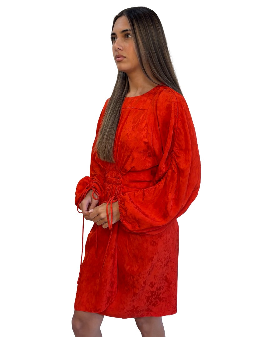 Scanlan Theodore Orange Red Ruched Sleeve Mini Dress. Size: 8