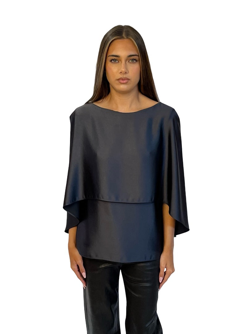 Carla Zampatti Charcoal Satin Cape Top. Size: 6