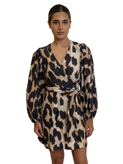 Ganni Leopard Linen Wrap Dress. Size: 34