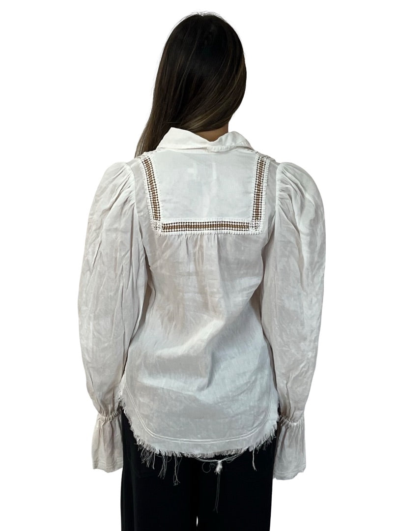 Aje White Fringed Hem Linen Shirt. Size: 6