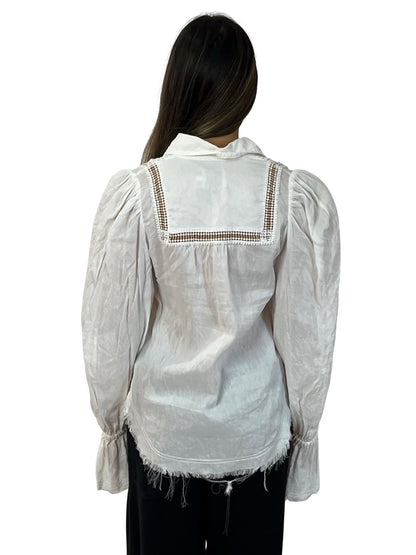 Aje White Fringed Hem Linen Shirt. Size: 6